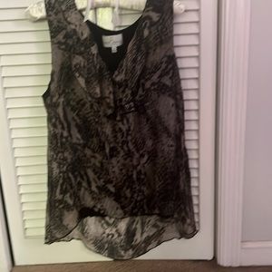 Belle France Tan Black Ruffle Silk Blend Keyhole Sleeveless Blouse Top Medium